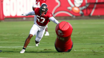 Aug 18, 2020; Tampa, Florida, USA;  Tampa Bay Buccaneers linebacker Quinton Bell (57) works out at AdventHealth Training Center. Mandatory Credit: Kim Klement-USA TODAY Sports