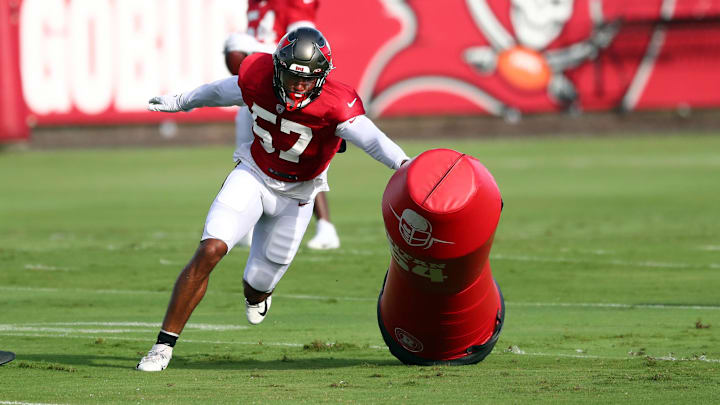 Aug 18, 2020; Tampa, Florida, USA;  Tampa Bay Buccaneers linebacker Quinton Bell (57) works out at AdventHealth Training Center. Mandatory Credit: Kim Klement-USA TODAY Sports