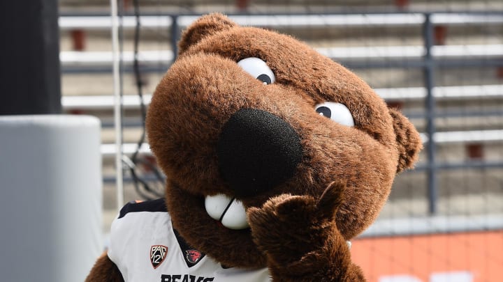 Oct 9, 2021; Pullman, Washington, USA; Oregon State Beavers mascot Benny poses for a photo during a game against the Washington State Cougars in the first half at Gesa Field at Martin Stadium. Mandatory Credit: James Snook-USA TODAY Sports