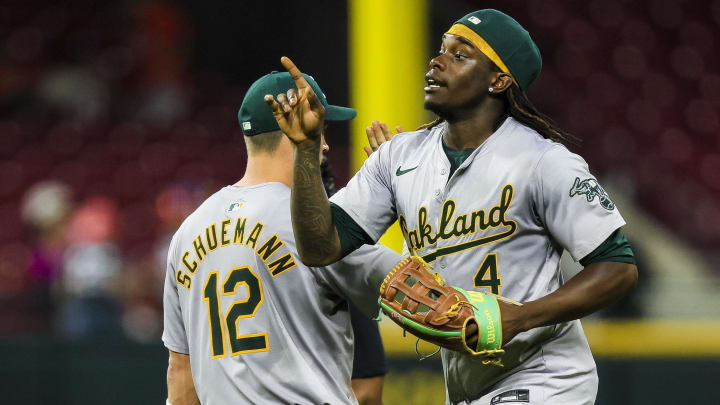 Aug 27, 2024; Cincinnati, Ohio, USA; Oakland Athletics outfielder Lawrence Butler (4) reacts after the victory over the Cincinnati Reds at Great American Ball Park. Mandatory Credit: Katie Stratman-USA TODAY Sports