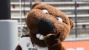 Oct 9, 2021; Pullman, Washington, USA; Oregon State Beavers mascot Benny poses for a photo during a game against the Washington State Cougars in the first half at Gesa Field at Martin Stadium. Mandatory Credit: James Snook-Imagn Images