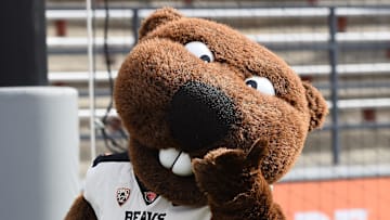 Oct 9, 2021; Pullman, Washington, USA; Oregon State Beavers mascot Benny poses for a photo during a game against the Washington State Cougars in the first half at Gesa Field at Martin Stadium. Mandatory Credit: James Snook-Imagn Images