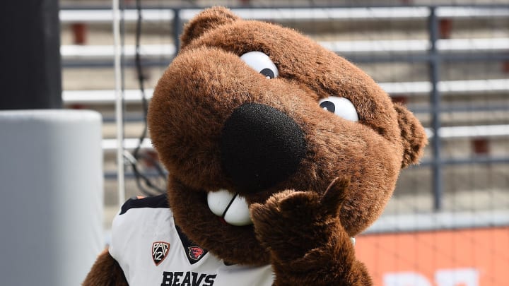 Oct 9, 2021; Pullman, Washington, USA; Oregon State Beavers mascot Benny poses for a photo during a game against the Washington State Cougars in the first half at Gesa Field at Martin Stadium. Mandatory Credit: James Snook-USA TODAY Sports