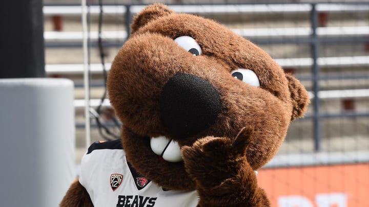Oct 9, 2021; Pullman, Washington, USA; Oregon State Beavers mascot Benny poses for a photo during a game against the Washington State Cougars in the first half at Gesa Field at Martin Stadium. Mandatory Credit: James Snook-USA TODAY Sports