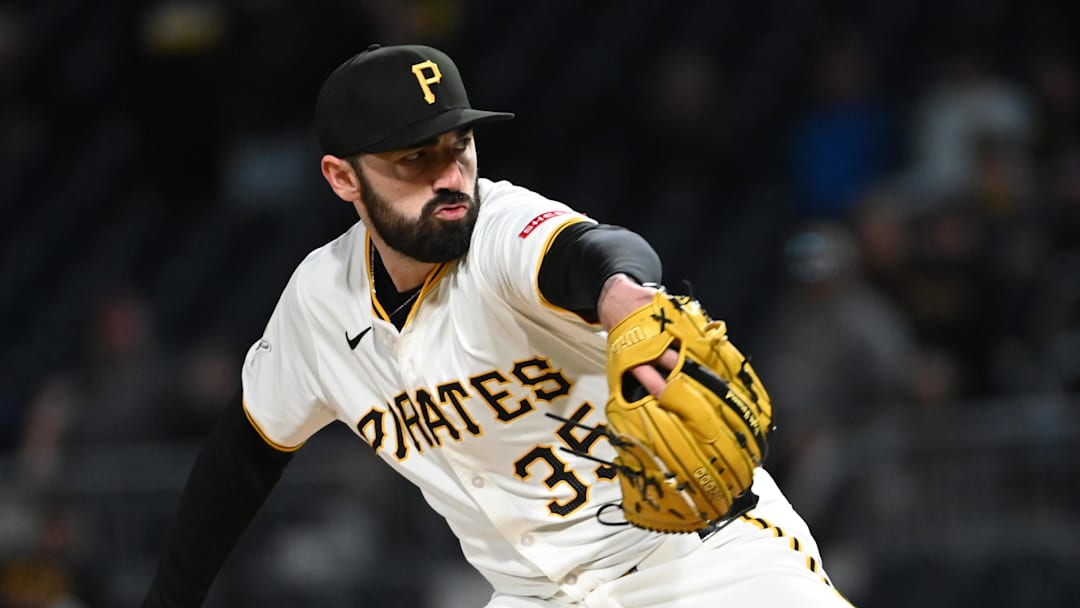 Sep 7, 2024; Pittsburgh, Pennsylvania, USA;  Pittsburgh Pirates relief pitcher Colin Holderman throws to the Washington Nationals at PNC Park. Mandatory Credit: Philip G. Pavely-Imagn Images