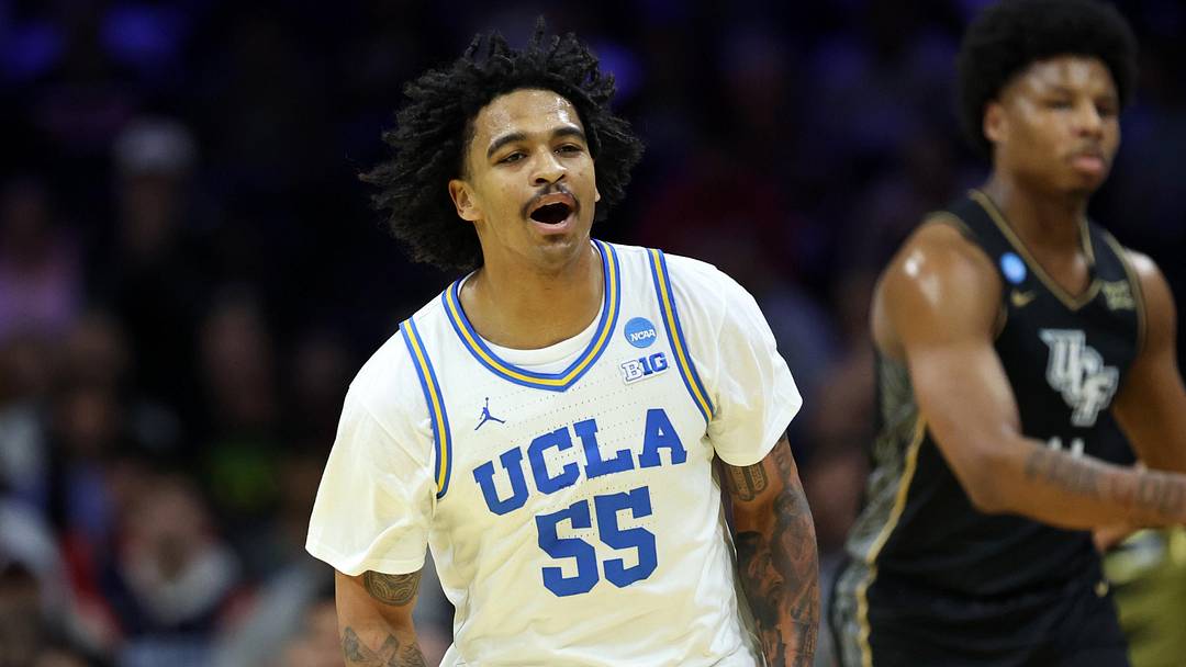 Mar 20, 2026; Philadelphia, PA, USA; UCLA Bruins guard Skyy Clark (55) reacts against the UCF Knights in the first half during a first round game of the men's 2026 NCAA Tournament at Xfinity Mobile Arena. Mandatory Credit: Bill Streicher-Imagn Images