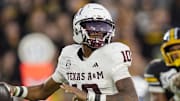 Nov 8, 2025; Columbia, Missouri, USA; Texas A&M Aggies quarterback Marcel Reed (10) throws a pass during the second half against the Missouri Tigers at Faurot Field at Memorial Stadium. Mandatory Credit: Jay Biggerstaff-Imagn Imagess