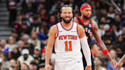 Dec 9, 2025; Toronto, Ontario, CAN; New York Knicks guard Jalen Brunson (11) reacts to a call during the second half against the Toronto Raptors during the 2025-26 NBA Emirates Cup at Scotiabank Arena. Mandatory Credit: Kevin Sousa-Imagn Images