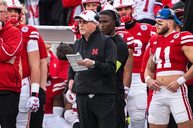 Nebraska Cornhuskers assistant coach Dana Holgorsen on the sideline during the second quarter against the Wisconsin Badgers.