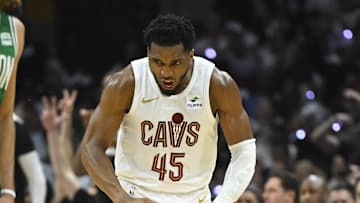 May 11, 2024; Cleveland, Ohio, USA; Cleveland Cavaliers guard Donovan Mitchell (45) reacts in the second quarter of game three of the second round of the 2024 NBA playoffs against the Boston Celtics at Rocket Mortgage FieldHouse. Mandatory Credit: David Richard-Imagn Images