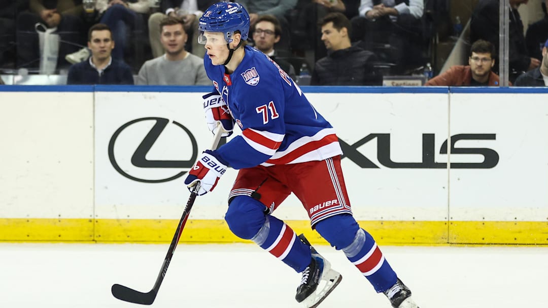 Oct 23, 2025; New York, New York, USA;  New York Rangers center Juuso Parssinen (71) at Madison Square Garden. Mandatory Credit: Wendell Cruz-Imagn Images