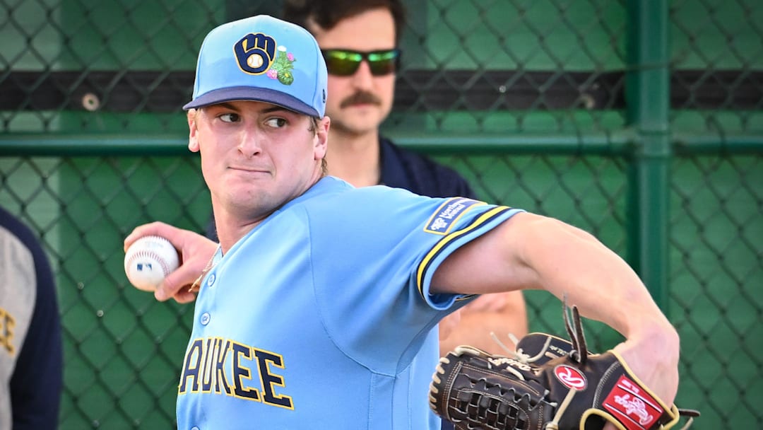 Milwaukee Brewers pitcher Quinn Priester (46) throws in the bullpen during spring training workouts Sunday, February 15, 2026, at American Family Fields of Phoenix in Phoenix, Arizona.