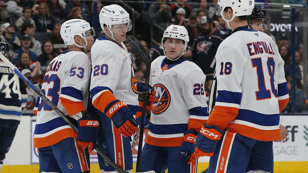 Apr 17, 2025; Columbus, Ohio, USA; New York Islanders right wing Hudson Fasching (20) celebrates his goal against the Columbus Blue Jackets during the third period at Nationwide Arena. Mandatory Credit: Russell LaBounty-Imagn Images
