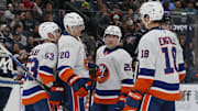 Apr 17, 2025; Columbus, Ohio, USA; New York Islanders right wing Hudson Fasching (20) celebrates his goal against the Columbus Blue Jackets during the third period at Nationwide Arena. Mandatory Credit: Russell LaBounty-Imagn Images