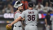 Aug 5, 2025; New York City, New York, USA; Cleveland Guardians catcher Bo Naylor (23) and pitcher Cade Smith (36) celebrate the victory against the New York Mets after the ninth inning at Citi Field. Mandatory Credit: Gregory Fisher-Imagn Images