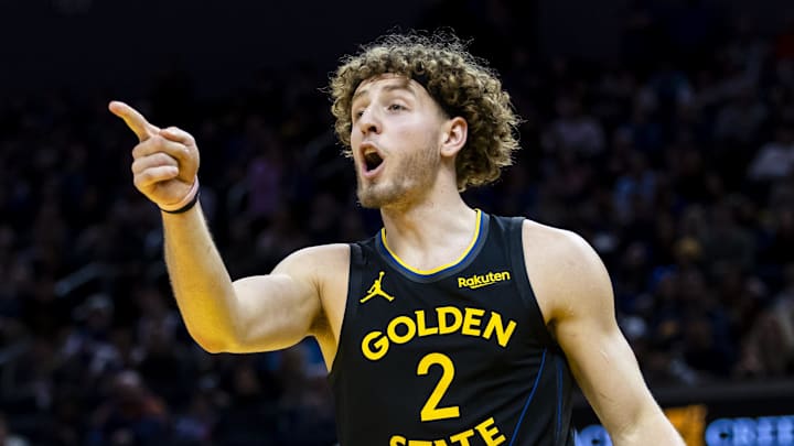 Dec 20, 2025; San Francisco, California, USA; Golden State Warriors guard Brandin Podziemski (2) reacts after he is called for a foul against a Phoenix Suns player during the fourth quarter at Chase Center. Mandatory Credit: John Hefti-Imagn Images
