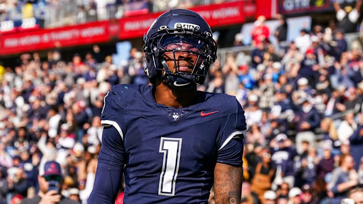 Nov 1, 2025; East Hartford, Connecticut, USA; UConn Huskies wide receiver Skyler Bell (1) reacts after his touchdown against the UAB Blazers in the second quarter at Pratt & Whitney Stadium at Rentschler Field. Mandatory Credit: David Butler II-Imagn Images