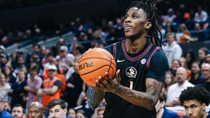 Florida State Seminoles wing Jamir Watkins (1) shoots the ball in the first half against the Virginia Cavaliers at John Paul Jones Arena.