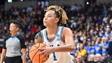 Mar 30, 2025; Spokane, WA, USA; UCLA Bruins guard Kiki Rice (1) shoots against the LSU Lady Tigers during the first half of a Elite 8 NCAA Tournament basketball game at Spokane Arena. Mandatory Credit: James Snook-Imagn Images