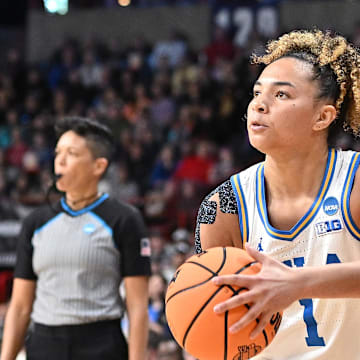Mar 30, 2025; Spokane, WA, USA; UCLA Bruins guard Kiki Rice (1) shoots against the LSU Lady Tigers during the first half of a Elite 8 NCAA Tournament basketball game at Spokane Arena. Mandatory Credit: James Snook-Imagn Images