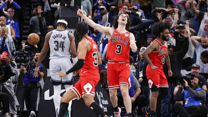 Mar 6, 2025; Orlando, Florida, USA; Chicago Bulls guard Josh Giddey (3) reacts after beating the Orlando Magic at Kia Center. Mandatory Credit: Nathan Ray Seebeck-Imagn Images