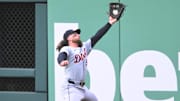 May 7, 2024; Cleveland, Ohio, USA; Detroit Tigers right fielder Ryan Vilade (50) makes a catch near the wall in the first inning against the Cleveland Guardians at Progressive Field. Mandatory Credit: David Richard-Imagn Images