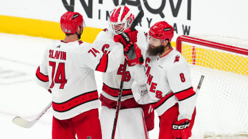 Feb 17, 2024; Las Vegas, Nevada, USA; Carolina Hurricanes goaltender Spencer Martin (41) celebrates