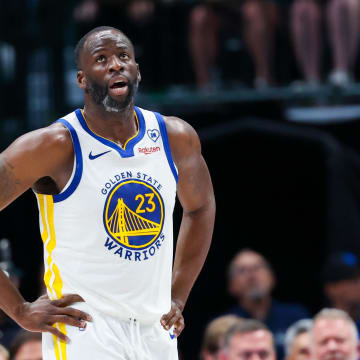 Apr 5, 2024; Dallas, Texas, USA; Golden State Warriors forward Draymond Green (23) reacts during the second half against the Dallas Mavericks at American Airlines Center. 