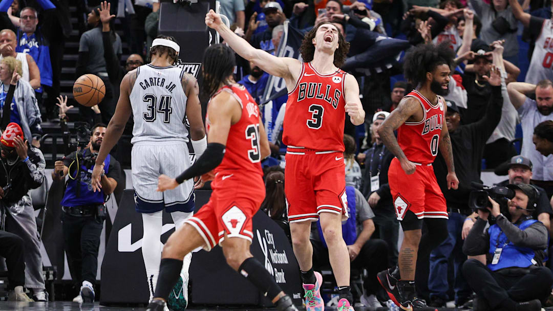 Mar 6, 2025; Orlando, Florida, USA; Chicago Bulls guard Josh Giddey (3) reacts after beating the Orlando Magic at Kia Center. Mandatory Credit: Nathan Ray Seebeck-Imagn Images