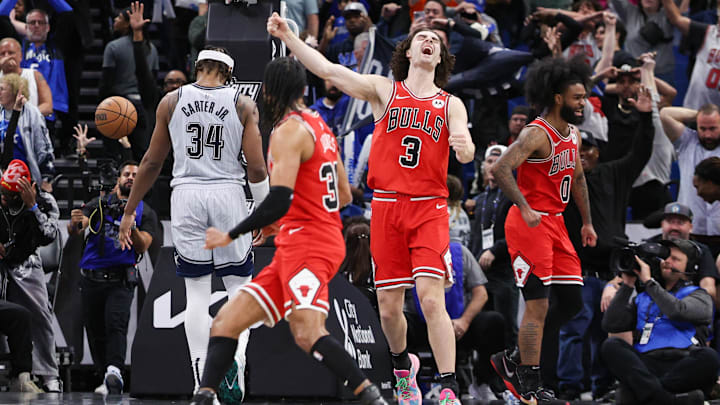 Mar 6, 2025; Orlando, Florida, USA; Chicago Bulls guard Josh Giddey (3) reacts after beating the Orlando Magic at Kia Center. Mandatory Credit: Nathan Ray Seebeck-Imagn Images
