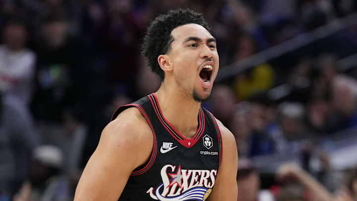 Nov 23, 2025; Philadelphia, Pennsylvania, USA; Philadelphia 76ers guard Jared McCain (20) reacts after scoring against the Miami Heat in the second quarter at Xfinity Mobile Arena. Mandatory Credit: Kyle Ross-Imagn Images