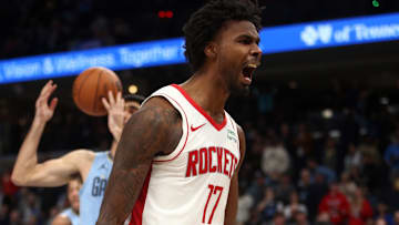 Dec 15, 2023; Memphis, Tennessee, USA; Houston Rockets forward Tari Eason (17) reacts after a dunk during the second half against the Memphis Grizzlies at FedExForum. Mandatory Credit: Petre Thomas-Imagn Images