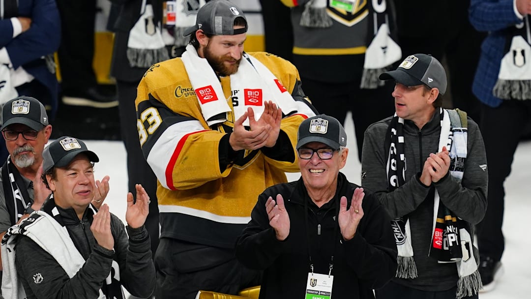 Jun 13, 2023; Las Vegas, Nevada, USA; Bill Foley owner of the Vegas Golden Knights celebrates defeating the Florida Panthers in game five of the 2023 Stanley Cup Final at T-Mobile Arena. Mandatory Credit: Lucas Peltier-Imagn Images