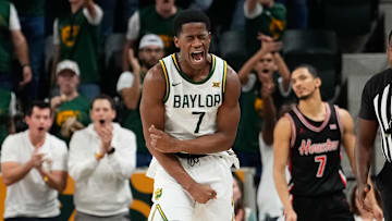 Mar 8, 2025; Waco, Texas, USA; Baylor Bears guard VJ Edgecombe (7) reacts after a play against the Houston Cougars during the second half at Paul and Alejandra Foster Pavilion. Mandatory Credit: Chris Jones-Imagn Images