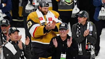 Jun 13, 2023; Las Vegas, Nevada, USA; Bill Foley owner of the Vegas Golden Knights celebrates defeating the Florida Panthers in game five of the 2023 Stanley Cup Final at T-Mobile Arena. Mandatory Credit: Lucas Peltier-Imagn Images