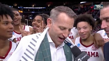 Nate Oats speaks to the media after Alabama's win on March 23, 2025.
