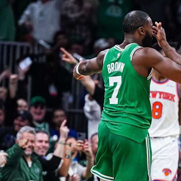 May 7, 2025; Boston, Massachusetts, USA; Boston Celtics guard Jaylen Brown (7) reacts after his three point basket against the New York Knicks in the second quarter during game two of the second round for the 2025 NBA Playoffs at TD Garden. Mandatory Credit: David Butler II-Imagn Images