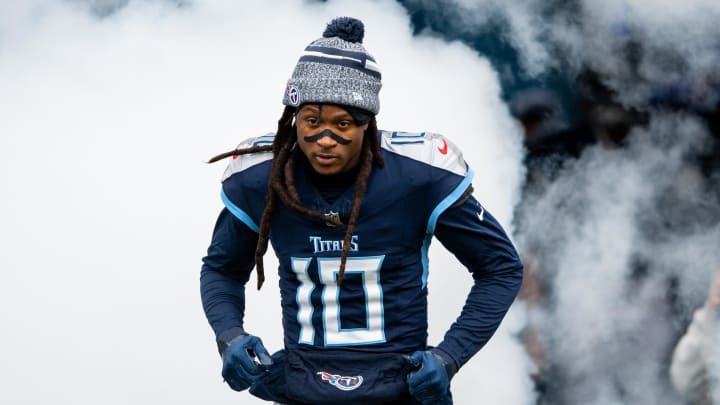 Jan 7, 2024; Nashville, Tennessee, USA;  Tennessee Titans wide receiver DeAndre Hopkins (10) takes the field during the first half against the Jacksonville Jaguarsat Nissan Stadium. Mandatory Credit: Steve Roberts-USA TODAY Sports