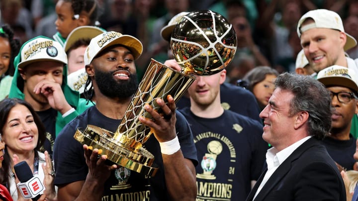 Boston Celtics guard Jaylen Brown (7) celebrates.