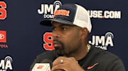 October 25, 2025; Atlanta, Georgia, USA; Syracuse coach Fran Brown addresses the media Saturday afternoon following the Orange's 41-16 defeat to 7th ranked Georgia Tech at Bobby Dodd Stadium . Mandatory Credit: Brad Bierman, The Juice Online-On SI 