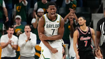 Mar 8, 2025; Waco, Texas, USA; Baylor Bears guard VJ Edgecombe (7) reacts after a play against the Houston Cougars during the second half at Paul and Alejandra Foster Pavilion. Mandatory Credit: Chris Jones-Imagn Images