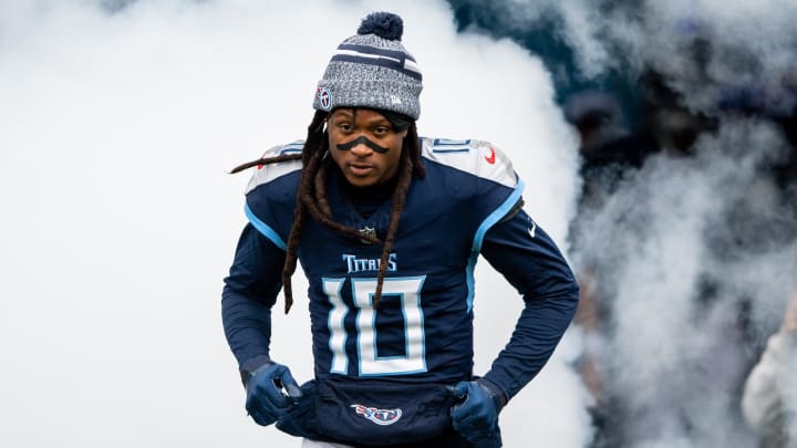 Jan 7, 2024; Nashville, Tennessee, USA;  Tennessee Titans wide receiver DeAndre Hopkins (10) takes the field during the first half against the Jacksonville Jaguarsat Nissan Stadium. Mandatory Credit: Steve Roberts-USA TODAY Sports