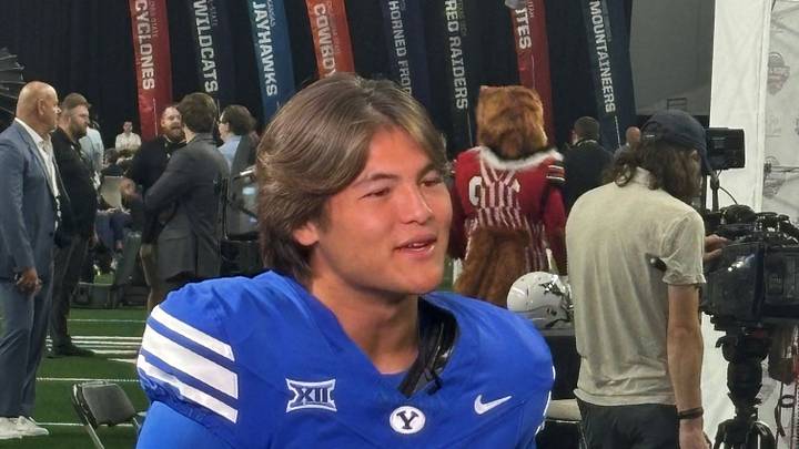 BYU quarterback Bear Bachmeier conducts an interview July 7 at Big 12 Football Media Days in Frisco, Texas.