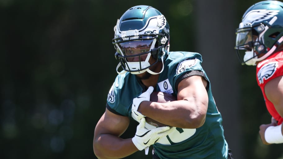 May 30, 2024; Philadelphia, PA, USA; Philadelphia Eagles running back Saquon Barkley (26) runs with the ball during practice at NovaCare Complex. Mandatory Credit: Bill Streicher-USA TODAY Sports | Bill Streicher-USA TODAY Sports