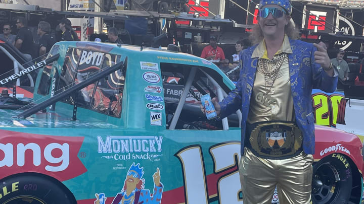 Montucky Cold Snacks' King Gutz with his No. 12 car/likeness