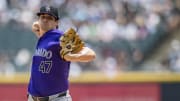 Jun 29, 2024; Chicago, Illinois, USA; Colorado Rockies starting pitcher Cal Quantrill (47) pitches during the first inning against the Chicago White Sox at Guaranteed Rate Field. Mandatory Credit: Patrick Gorski-USA TODAY Sports