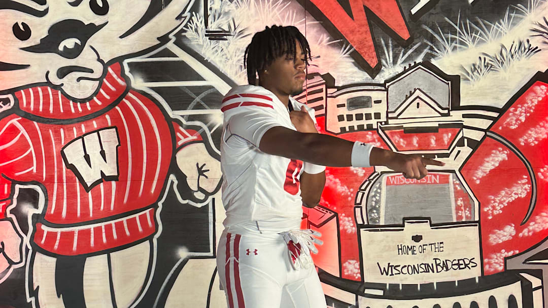 2026 4-star outside linebacker Jackson Samuels Ford poses for photos during his official visit to the University of Wisconsin football program.