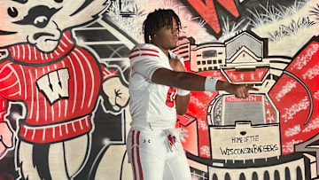 2026 4-star outside linebacker Jackson Samuels Ford poses for photos during his official visit to the University of Wisconsin football program.