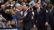 Mar 17, 2018; Pittsburgh, PA, USA; Rhode Island Rams head coach Dan Hurley talks with Duke Blue Devils head coach Mike Krzyzewski after being defeated in the second round of the 2018 NCAA Tournament at PPG Paints Arena. Mandatory Credit: Geoff Burke-Imagn Images
