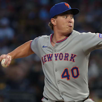 Jun 27, 2025; Pittsburgh, Pennsylvania, USA;  New York Mets relief pitcher Blade Tidwell (40) pitches against the Pittsburgh Pirates during the sixth inning at PNC Park. Mandatory Credit: Charles LeClaire-Imagn Images